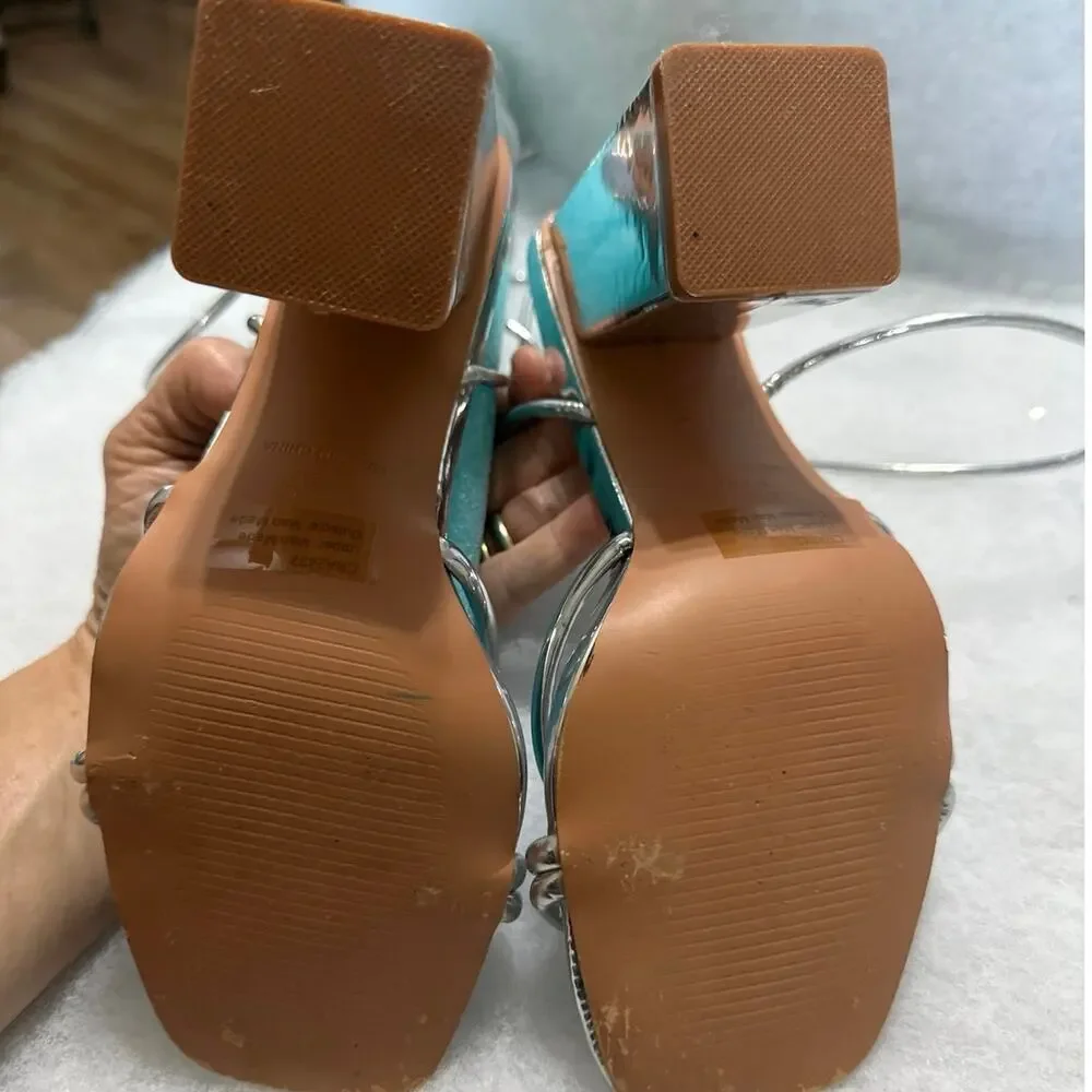 Pretty Little Thing Wide Fit Metallic Silver Strappy Lace-Up Block Heels. Size 7